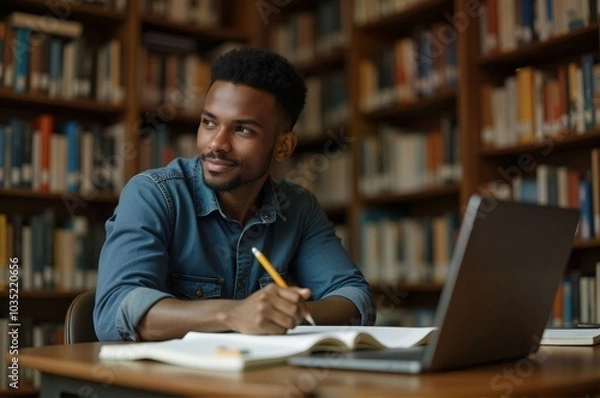 Obraz Smiling Student Studying with Laptop in Library