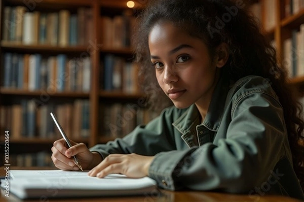 Obraz Focused Student Writing in Library Study Session