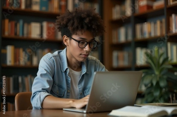Obraz Focused Student Working on Laptop in Library Study Area