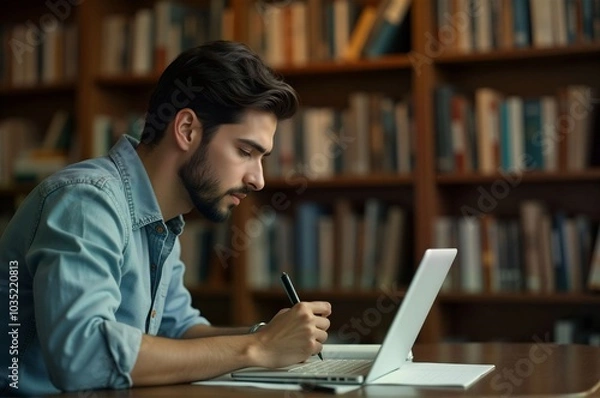 Obraz Focused Student Working on Laptop in Library Study Area