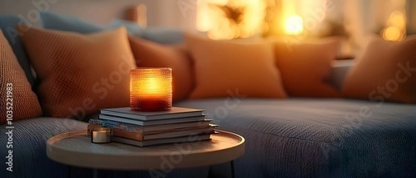 Fototapeta A lit candle on a stack of books creates a warm and inviting atmosphere on a cozy living room coffee table.