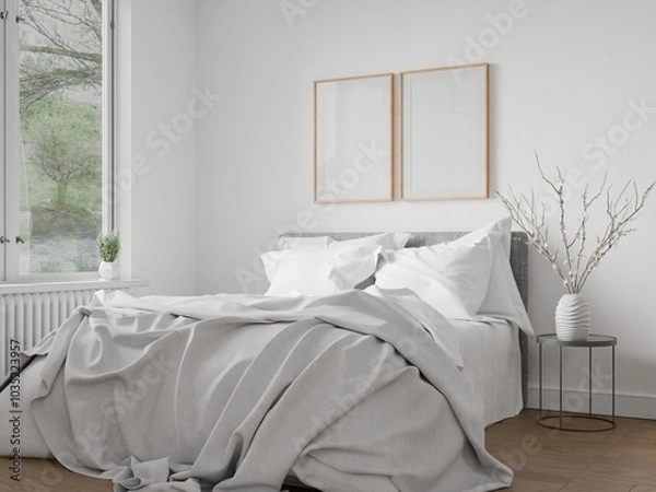 Fototapeta Two frame mockup, bedroom cozy modern home interior, bed empty headboard wood pattern and wall background. room 3D rendering