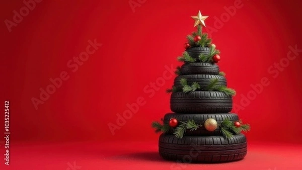 Fototapeta Creative Christmas tree made from stacked black tires decorated with ornaments set against a bright red background