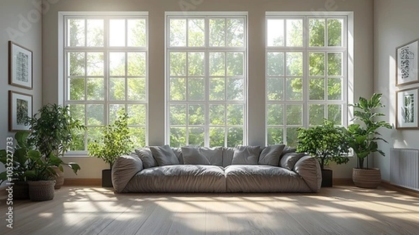 Fototapeta A spacious living room with large windows that let in plenty of natural light, creating a bright and airy atmosphere.