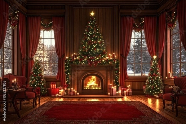 Obraz Christmas room background, front view,much more closeup, a Christmas tree in the middle of the living room with a fireplace and window decorated with generative ai