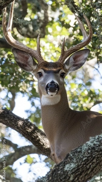 Fototapeta A majestic buck surveys its sunlit forest surroundings from a tree