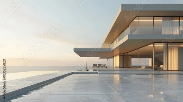 Obraz A contemporary beachfront villa with two stories, highlighting a spacious terrace and an empty pool area in front. The villa combines stone and glass materials