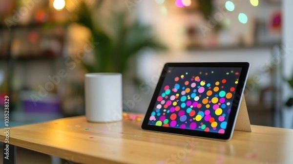 Fototapeta Tablet with colorful dots on screen, placed wooden surface in decorated room