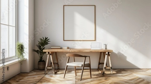 Obraz A contemporary home office with white walls and a wooden desk. The desk highlights a blank picture frame and a single decorative vase. Bright
