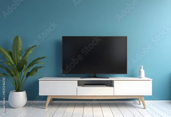 Fototapeta TV wide screen on the TV stand in modern living room with white wall. Side view. 3d illustration
