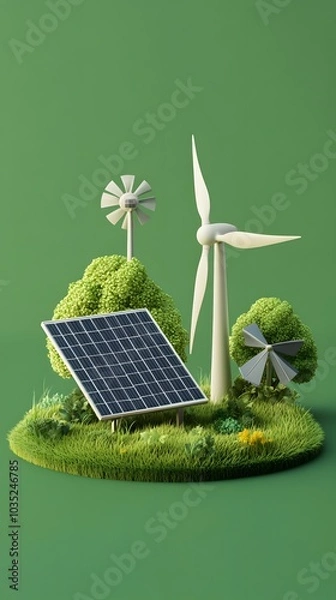 Fototapeta 3D illustration of grass with a solar panel and windmill, on a green background, in a minimalistic style with simple shapes and a green color palette
