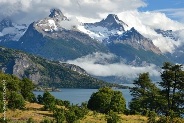 Obraz Breathtaking view of snow-capped mountains and lush greenery by a tranquil lake in Patagonia