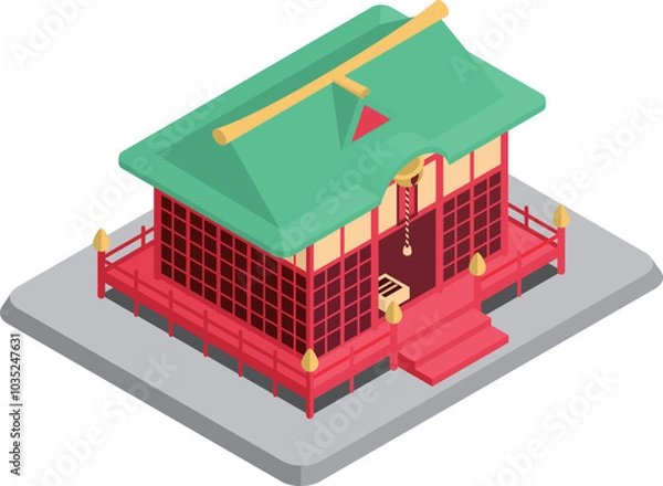 Fototapeta アイソメトリックスな立体的建築イラスト素材～和の伝統的かつ神聖な神社（ベクター版）