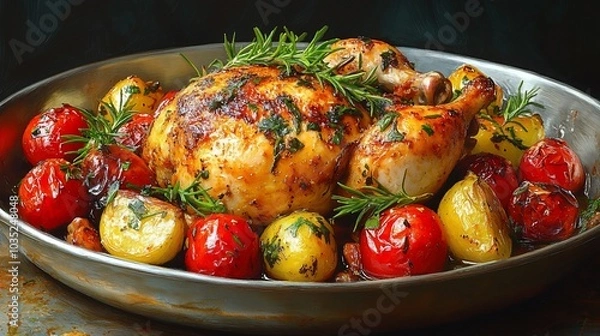Fototapeta A beautifully roasted chicken surrounded by colorful tomatoes and herbs in a serving dish.