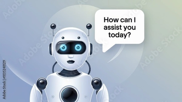 Fototapeta Friendly and helpful robotic assistant or humanoid bot character offering services support and interaction in a modern futuristic and digital environment