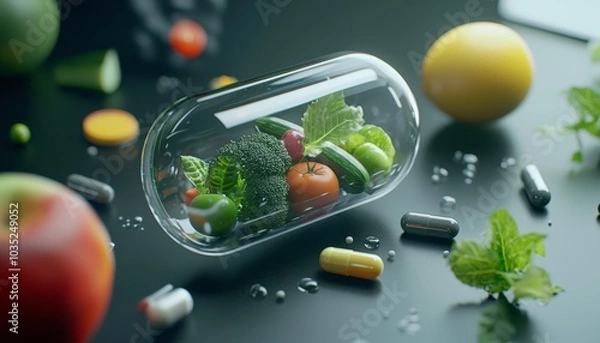 Fototapeta A futuristic capsule containing real fruits and vegetables, representing the next step in natural nutrition and supplement innovation.
