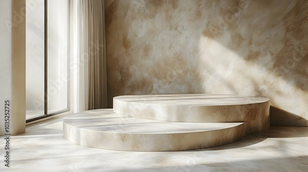 Fototapeta Minimalist Round Stone Platforms For Product Display In Bright Room