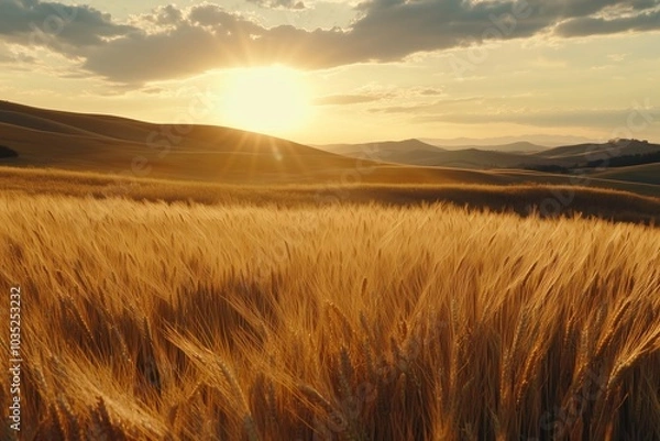 Fototapeta Golden wheat fields swaying gently in the wind, with the sun setting behind rolling hills in the distance.
