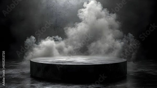 Fototapeta Dark and Moody Product Display with Smoke and Stone Platform