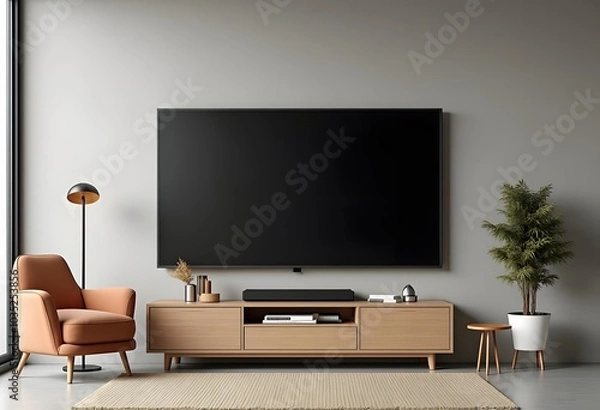 Fototapeta LED TV on the gray wall in living room,minimal design,3d rendering

