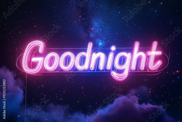 Fototapeta "Goodnight" in bold, glowing neon letters on a deep, starry sky backdrop.