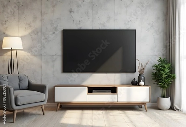 Fototapeta LED TV on the gray wall in living room,minimal design,3d rendering
