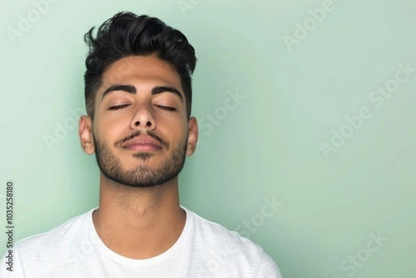 Obraz Peaceful Indian man meditating with closed eyes on serene light green background with copy space on right side