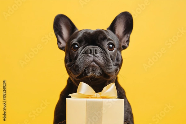 Obraz A black French Bulldog holds a gift box wrapped with a golden ribbon against a bright yellow background during a festive celebration. Generative AI