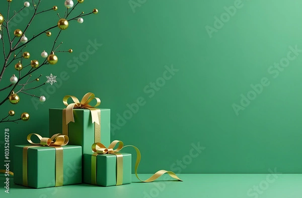 Obraz top view, Festive card with Christmas green gifts with gold ribbon, black Friday sale atmosphere, copy space