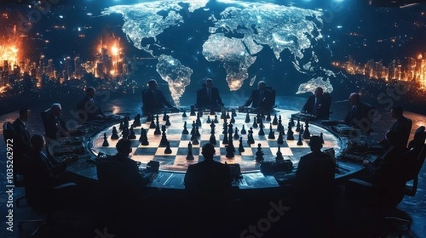 Fototapeta Silhouetted figures play chess, world map behind.