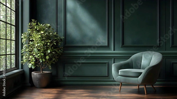 Fototapeta Elegant Green Room Design with a Comfortable Chair and a Window