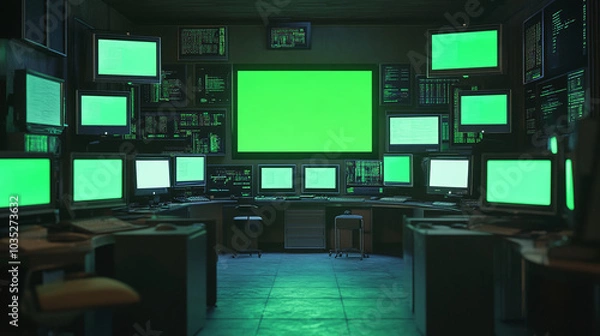 Obraz newsroom big monitor high tech control room urgent media industry with huge green screen chroma key display, 3d render modern office lighting multimedia technology indoor panorama design
