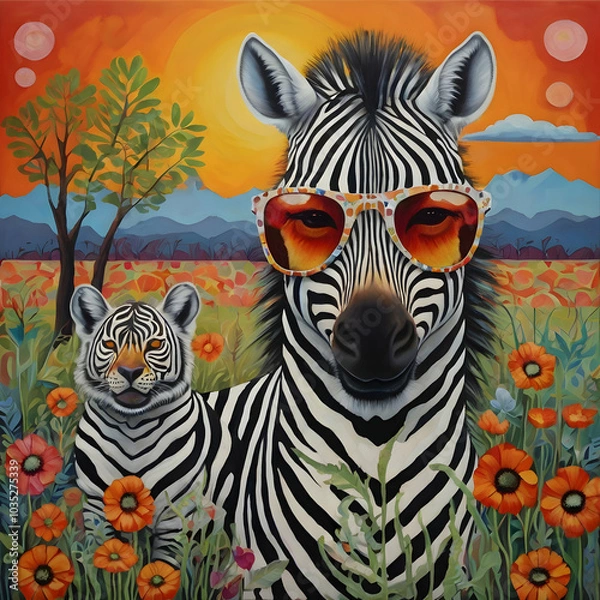 Fototapeta A fascinating painting featuring a cute zebra in three styles: one in a colorful hat, a rock and roll zebra sporting sunglasses and holding a guitar, and a mischievous lion with a sly smile.