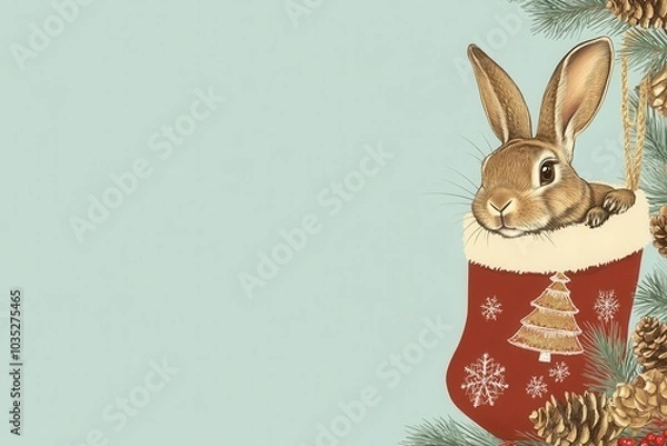 Fototapeta A cute rabbit peeking out of a festive Christmas stocking, surrounded by greenery and pine cones, perfect for holiday themes.