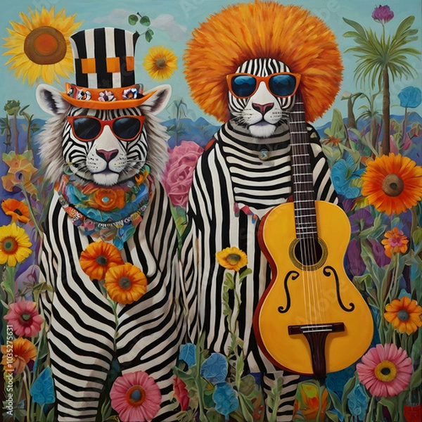 Fototapeta A fascinating painting featuring a cute zebra in three styles: one in a colorful hat, a rock and roll zebra sporting sunglasses and holding a guitar, and a mischievous lion with a sly smile.