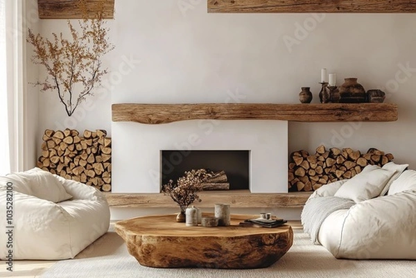 Fototapeta Rustic wooden coffee table positioned between two white sofas near a fireplace, with a shelf and firewood against a white wall. Modern living room with farmhouse-style country interior design.