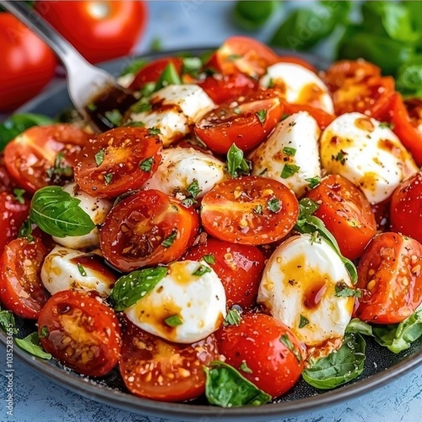 Fototapeta Fresh Caprese Salad with Ripe Tomatoes and Basil
