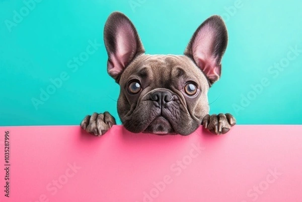 Fototapeta A cute French bulldog peeking over the edge of an empty pink billboard.
