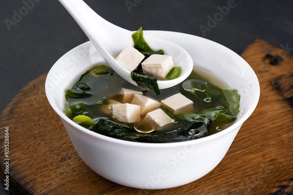 Fototapeta Seaweed soup with tofu on wooden board.