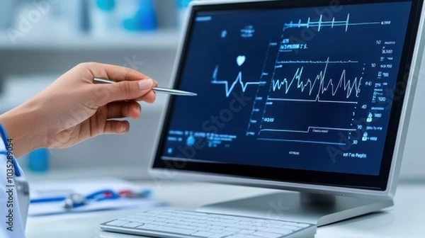 Obraz A doctor reviews heart rate data on a computer screen, using advanced medical technology to monitor a patient's cardiovascular health.