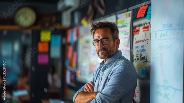 Fototapeta Portrait of a middle-aged professor with eyeglasses looking at the camera in the classroom
