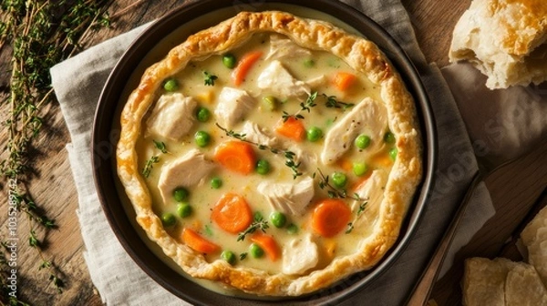 Fototapeta A comforting bowl of creamy chicken pot pie, brimming with tender chicken, carrots