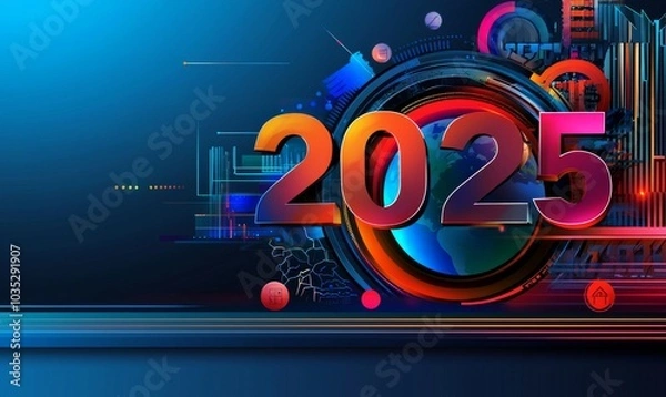 Fototapeta Colorful Logo with "2025" on an Earth Hologram Surrounded by Digital Elements