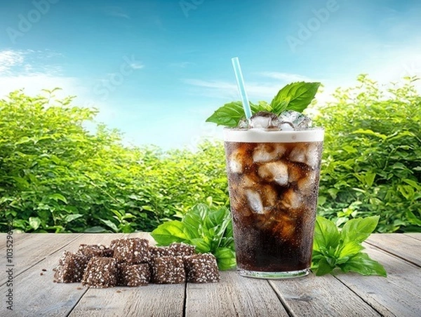 Obraz Refreshing Iced Coffee with Milk and Mint Garnish