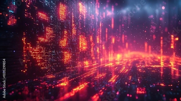 Fototapeta Abstract digital background with red and blue neon lights, lines, and particles.