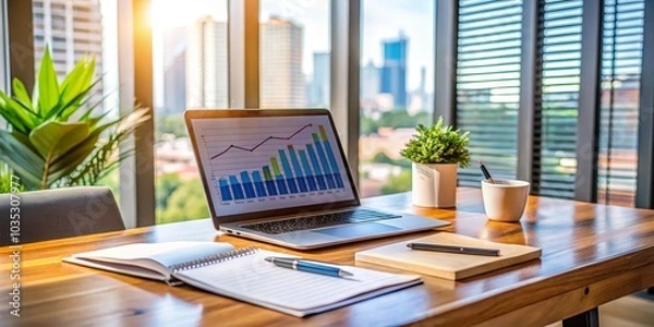 Fototapeta Laptop with Upward Trend Graph on Desk, Office, Business ,Productivity