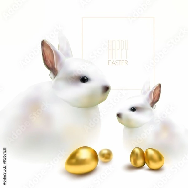 Fototapeta Easter rabbits with golden eggs, vector illustration.