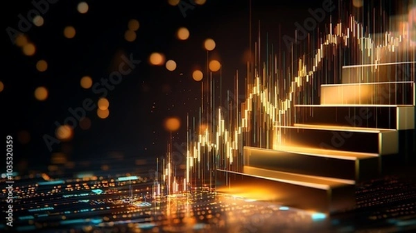 Fototapeta Abstract image depicting a golden staircase representing financial growth, market trends, and investment opportunities with vibrant data visuals.