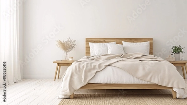Fototapeta Minimalist bedroom setup with a platform bed in earthy brown tones, a light beige blanket, and wooden side tables