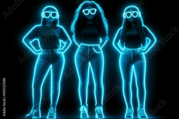 Fototapeta Neon silhouettes of three women in various poses symbolizing fashion individuality and self expression in a vibrant tech driven digital world
